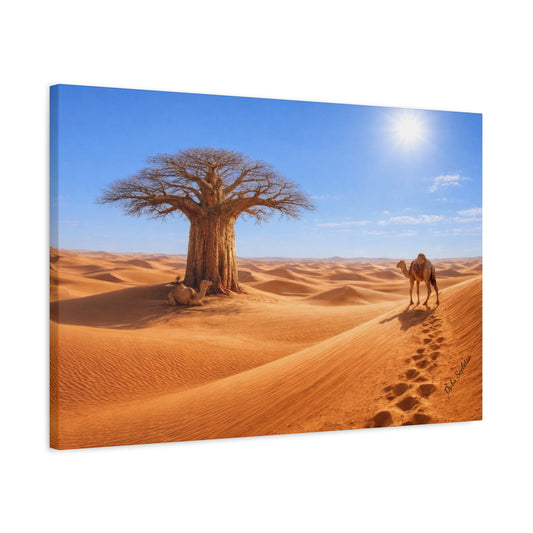 Desert Baobab Tree Canvas Wall Art – African Camel Landscape Decor