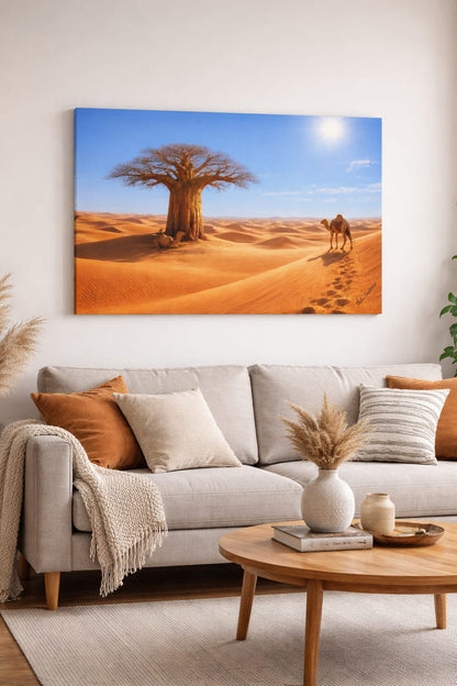 Desert Baobab Tree Canvas Wall Art – African Camel Landscape Decor