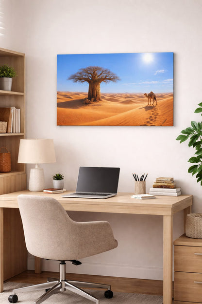 Desert Baobab Tree Canvas Wall Art – African Camel Landscape Decor